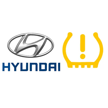 Sigla Hyundai si martor galben TPMS pe fundal alb