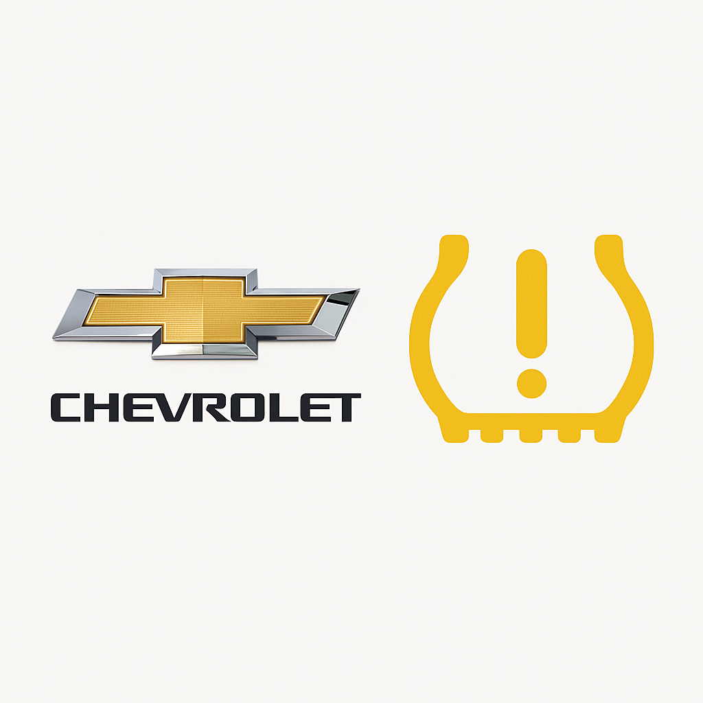 Sigla Chevrolet alături de martorul galben TPMS pe fundal alb