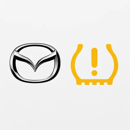 Sigla Mazda si martor TPMS galben pe fundal alb