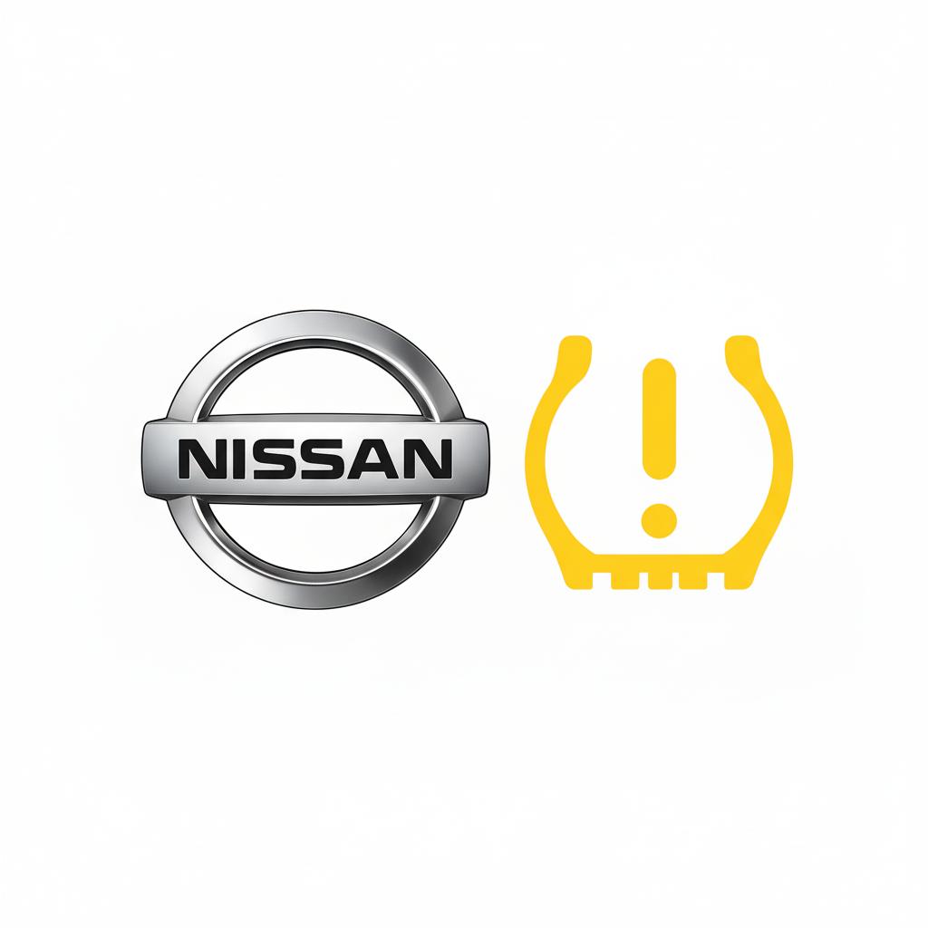 Sigla Nissan alături de martorul TPMS galben pe fundal alb