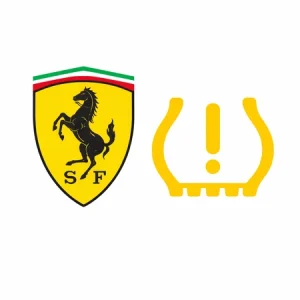 Sigla Ferrari langa martorul TPMS galben pe fundal alb