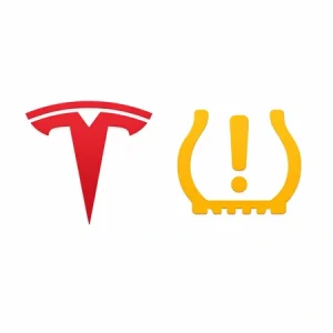 Sigla Tesla langa martorul TPMS galben pe fundal alb